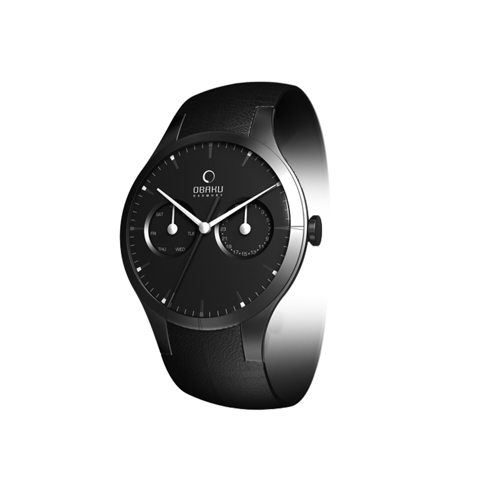 OBAKU 型男魅力日期時尚腕錶-全黑/皮帶/37mm