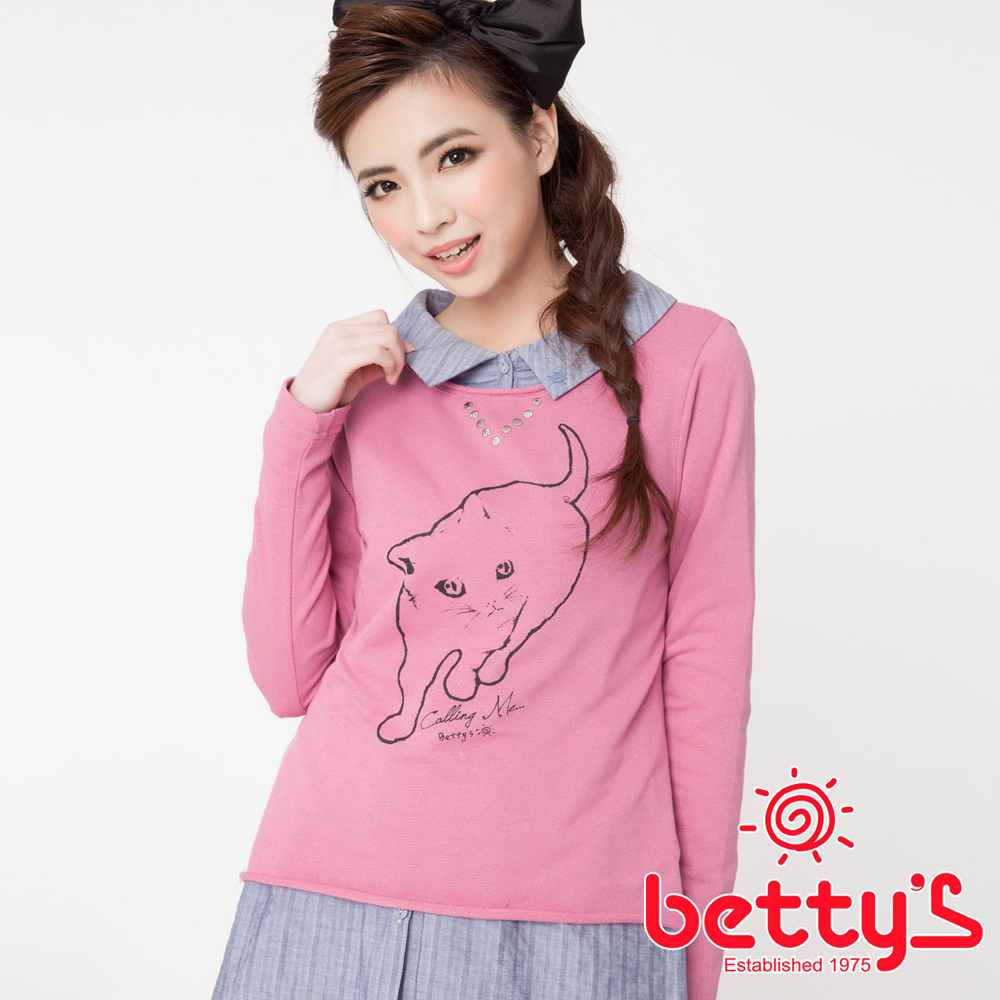 betty’s貝蒂思　金屬釦飾喵咪圖案T-shirt(粉桃)
