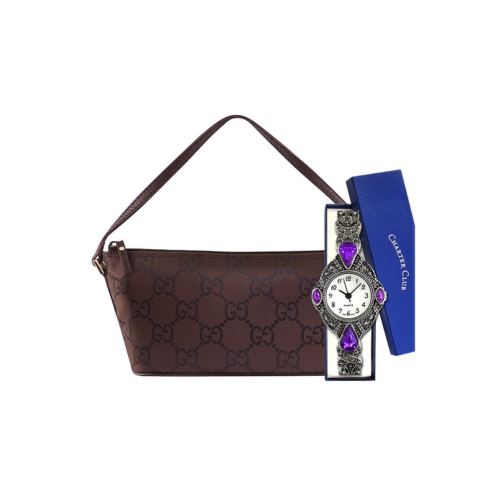 GUCCI 巧克力色雙G緹花尼龍手提包+CHARTER CLUB 紫色晶鑽鍊帶腕錶【女款】