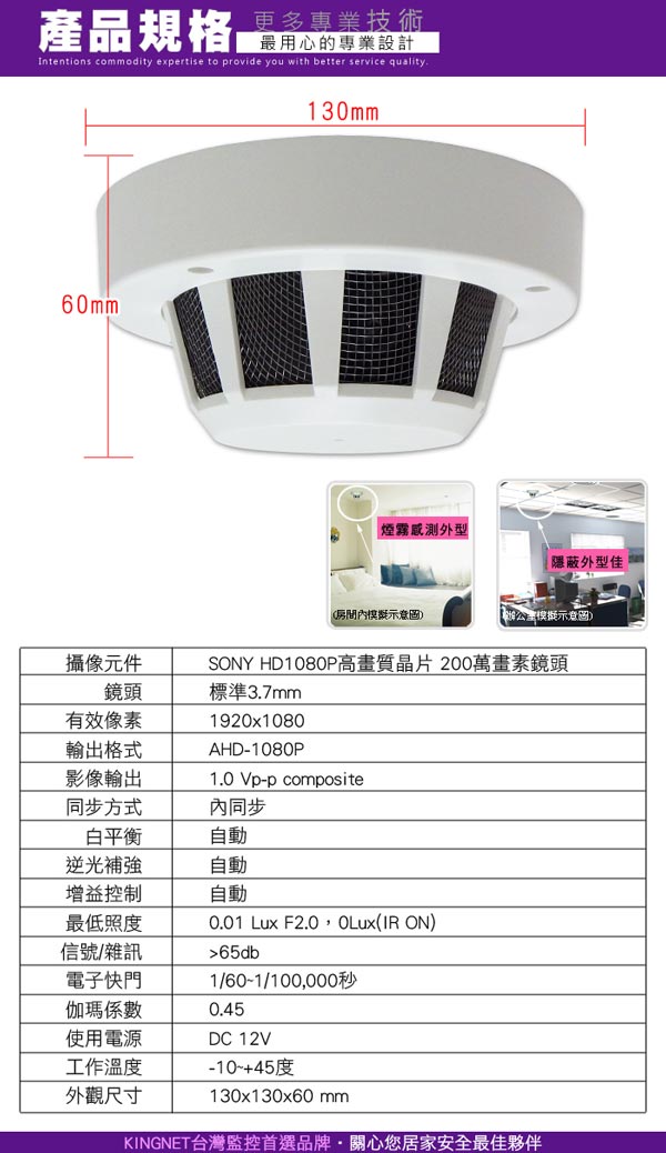 監視器攝影機 - KINGNET 高清隱藏偽裝式 偵煙型 HD1080P SONY晶片