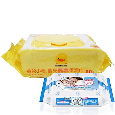 黃色小鴨 盒蓋嬰兒純水柔濕巾(80抽)/1箱+貝恩Baan NEW嬰兒保養柔濕巾/20抽