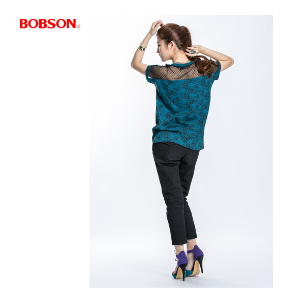 BOBSON 女款印花雪紡短袖上衣(藍綠23112-02)