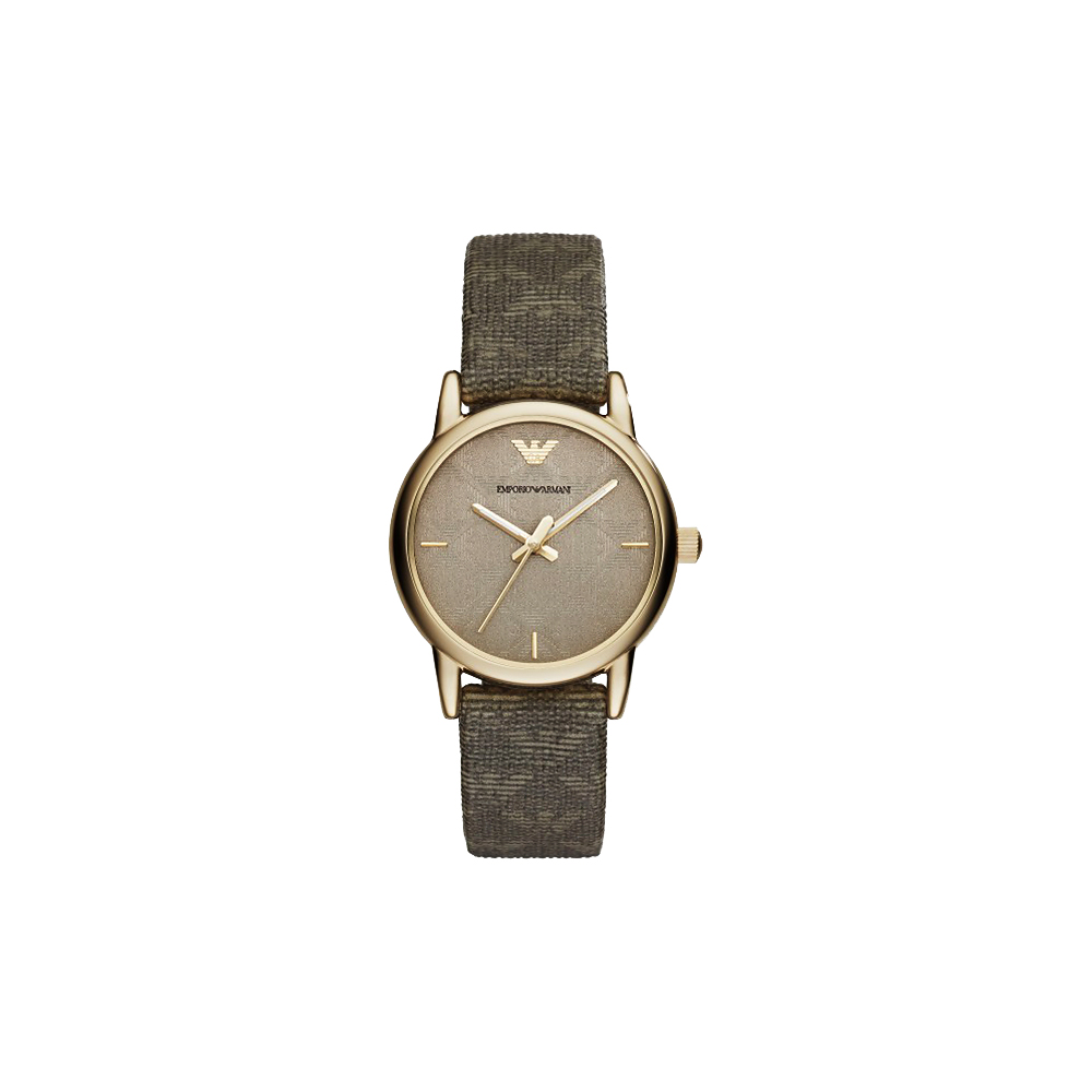 ARMANI Classic 品牌壓紋時尚女錶-咖啡x金框/28mm