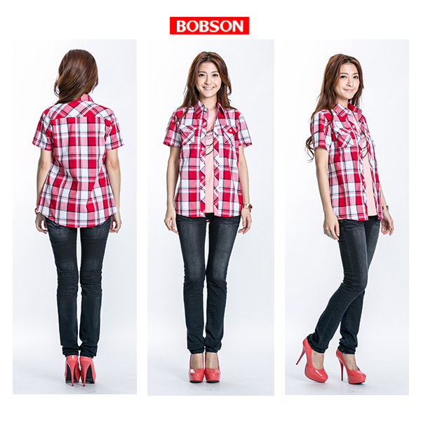 BOBSON 女款格紋短袖襯衫(紅23132-13)