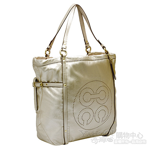 COACH AUDREY系列 真皮CC LOGO購物托特包(大-香檳金)