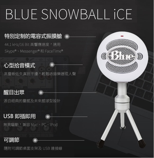 【公司貨】美國BLUE Snowball iCE小雪球USB麥克風 亮黑色