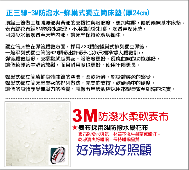 Ally愛麗 正三線3M防潑水蜂巢獨立筒床墊-雙人加大6尺