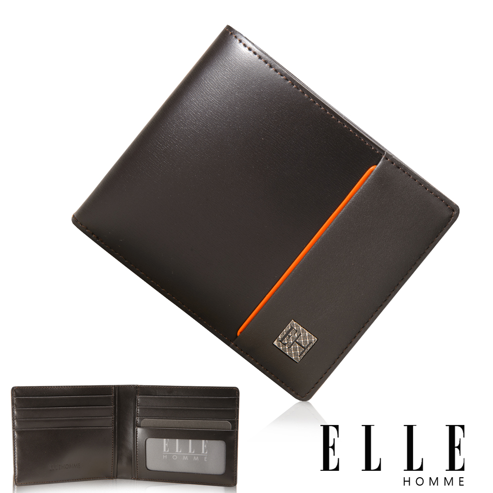 福利品 ELLE HOMME 嚴選義大利頭層皮系列 8卡法式精品短夾 -咖啡