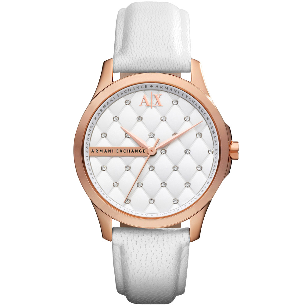 A│X Armani Exchange Lady 菱格紋腕錶-白x玫塊金框/36mm