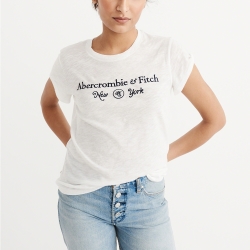 A&F 經典刺繡紐約文字設計短袖T恤(女)-白色 AF Abercrombie