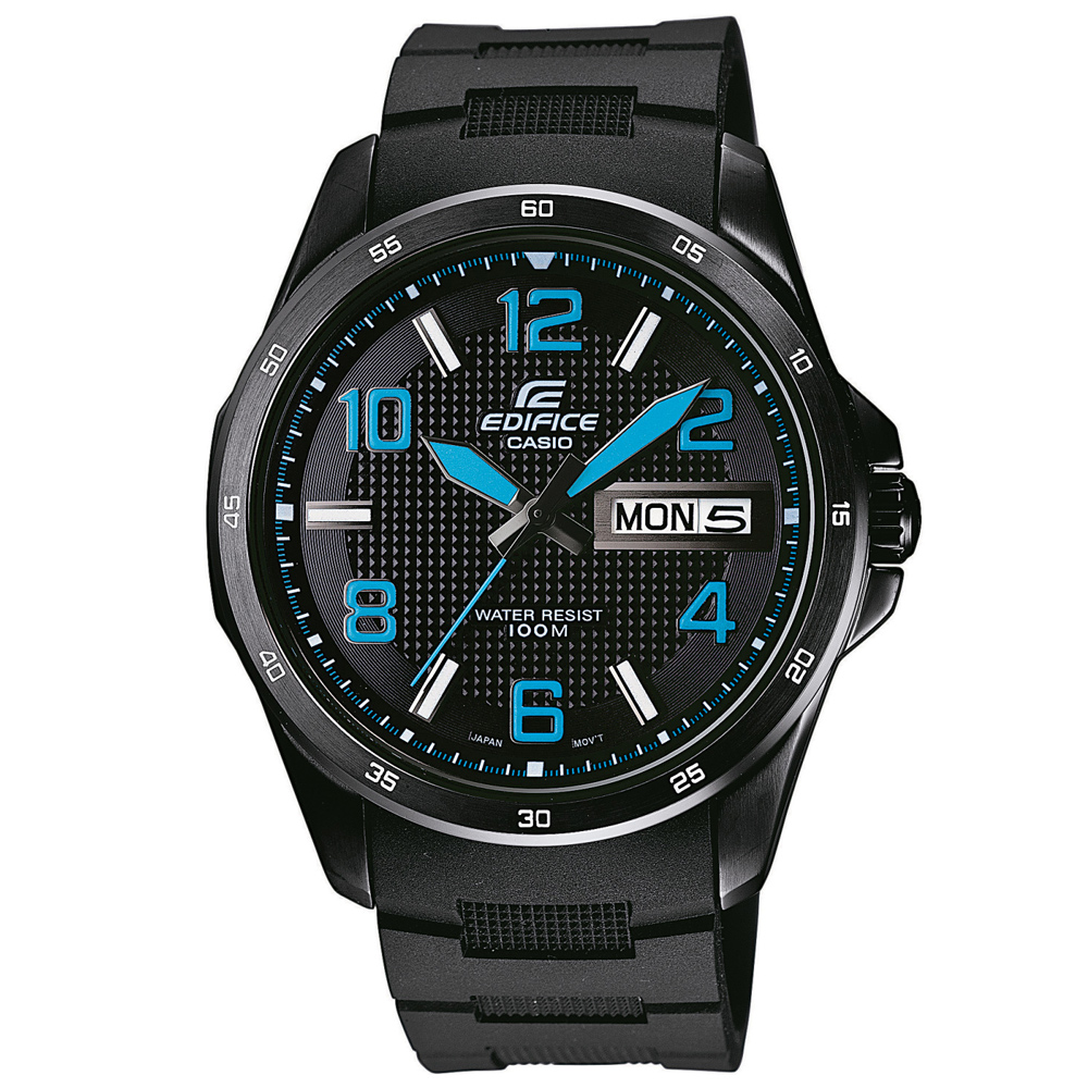 EDIFICE 清晰簡約指針賽車橡膠錶-黑x藍時針/44.2mm