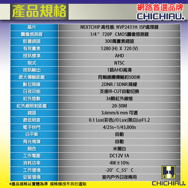 監視器攝影機 - CHICHIAU AHD 720P 36燈高清百萬畫素數位紅外線攝影機