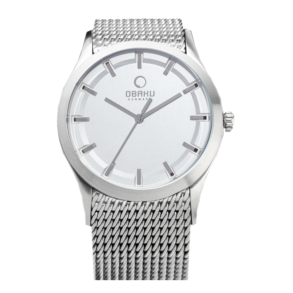 OBAKU 極簡大三針米蘭帶腕錶-銀框白面/41.5mm