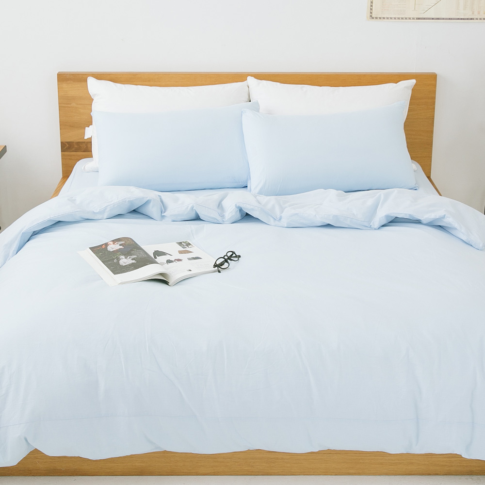 LAMINA 純色-靜藍-純棉三件式被套床包組(單人)