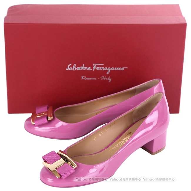 Salvatore Ferragamo NINNA 漆皮蝴蝶結粗跟鞋(粉色)