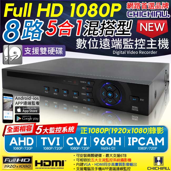 奇巧 8路4聲 五合一 AHD TVI CVI 1080P雙硬碟款混搭型數位監控錄影主機