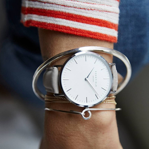 ROSEFIELD The Bowery系列灰色皮革錶帶-銀框x白錶盤/38mm