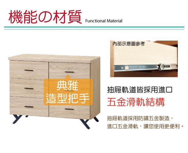 品家居 海瑟威4尺橡木紋六斗櫃-120x39.8x86.7cm免組