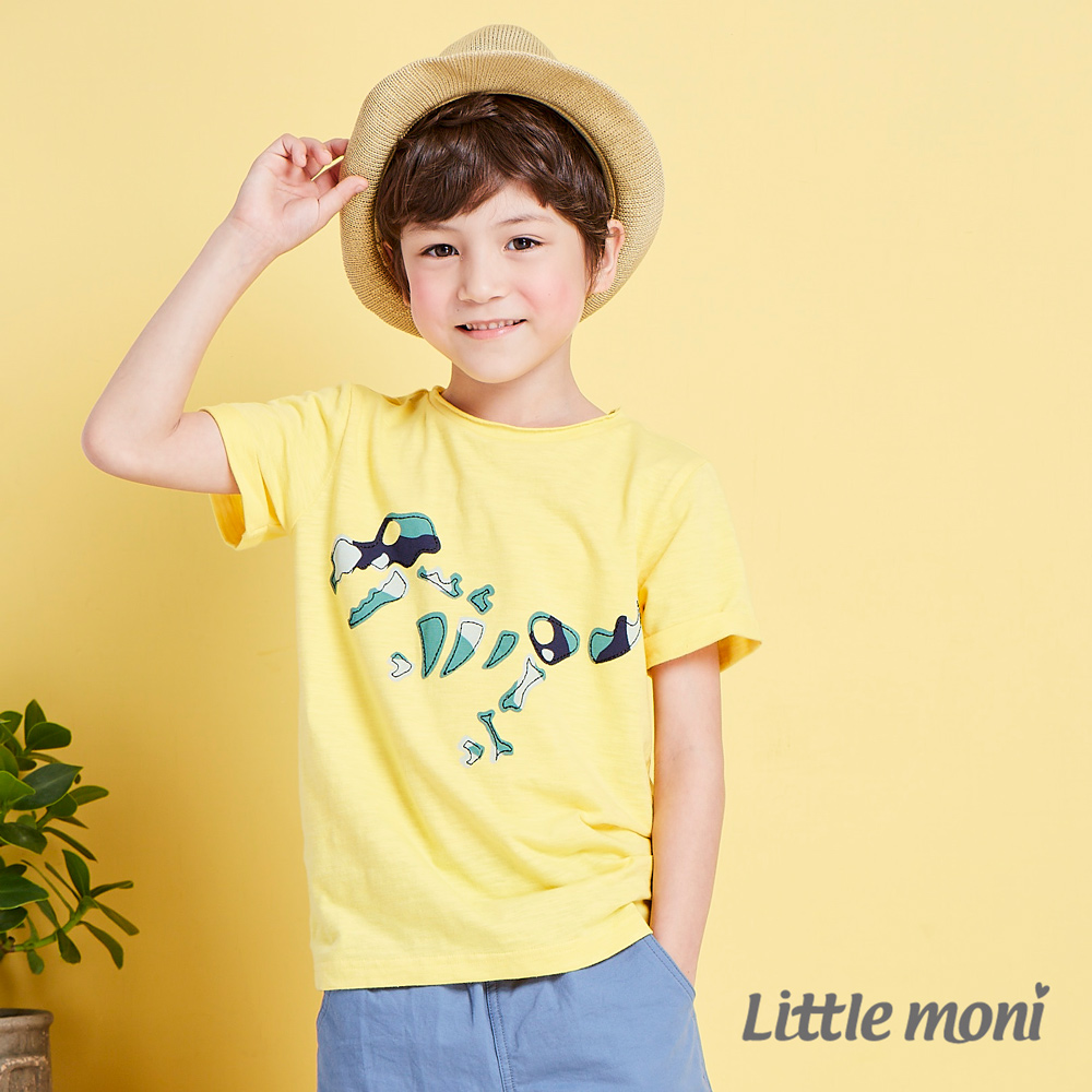 Little moni 迷彩恐龍貼布繡短袖棉T 黃色