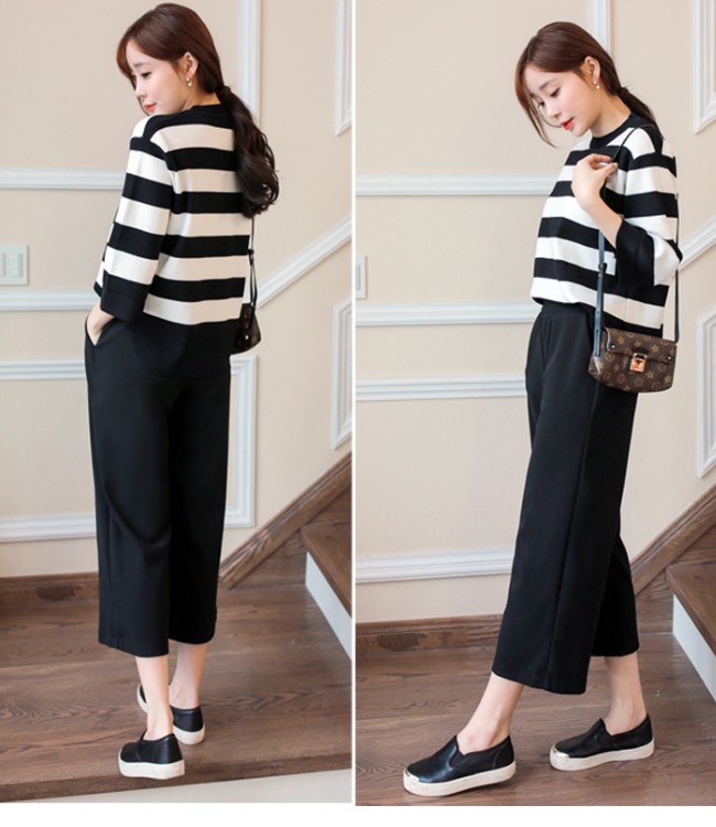 La Belleza花形鬆緊腰側口袋闊腿褲七分褲寬褲