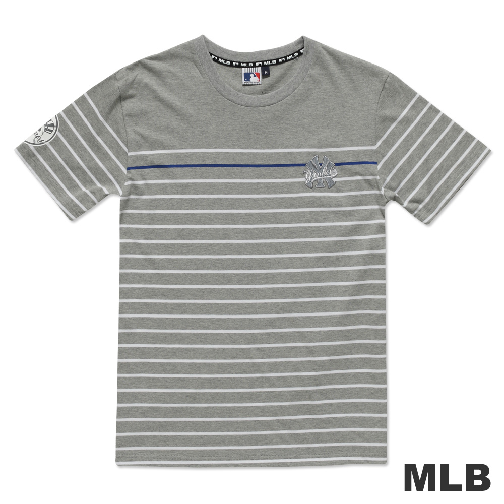 MLB-紐約洋基隊圓領繡印花條紋短袖T恤-麻灰(男)
