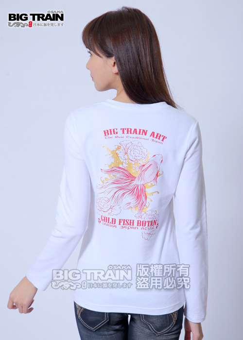 BIG TRAIN 牡丹金魚波柄印花T-女-白色