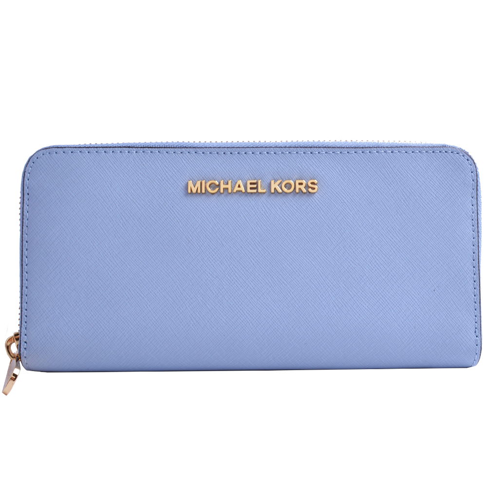 MICHAEL KORS Jet Set Travel 金LOGO防刮皮革拉鍊長夾-淺藍