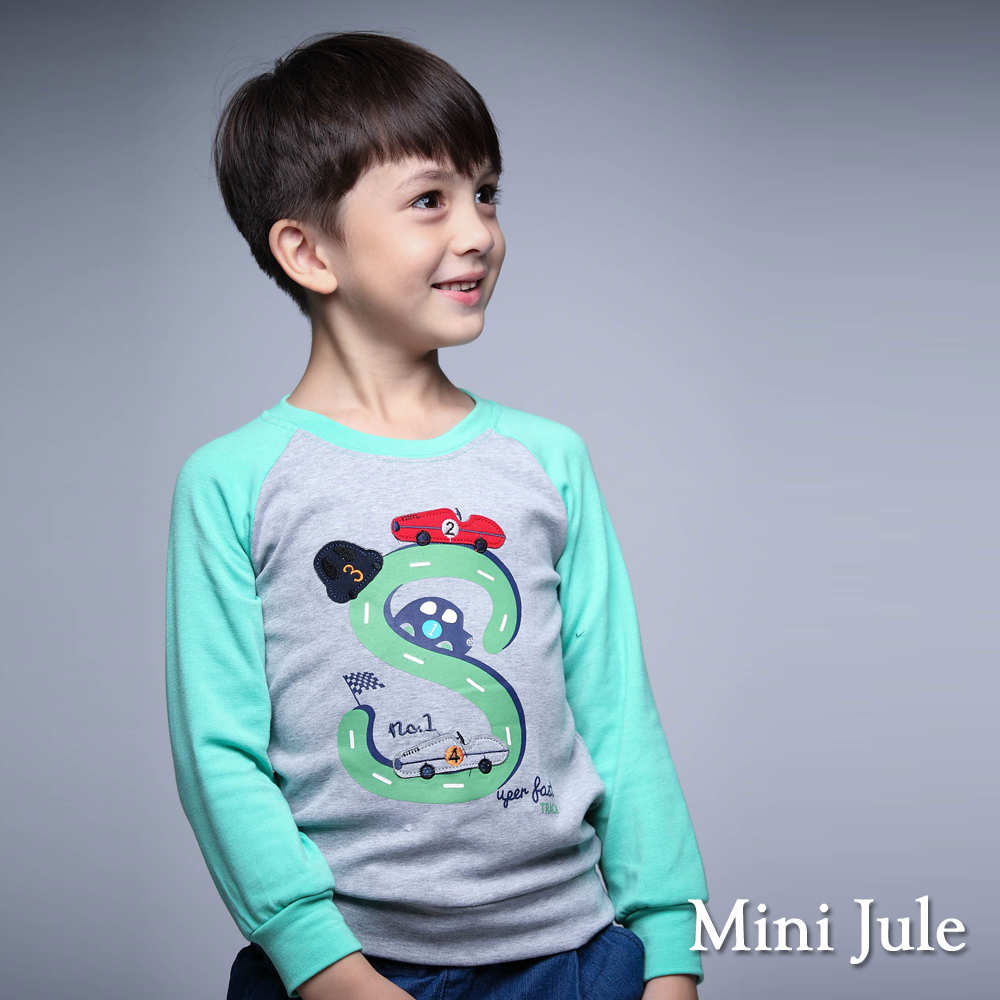 Mini Jule 童裝-上衣 汽車S軌道配色棉質長袖T恤(灰)