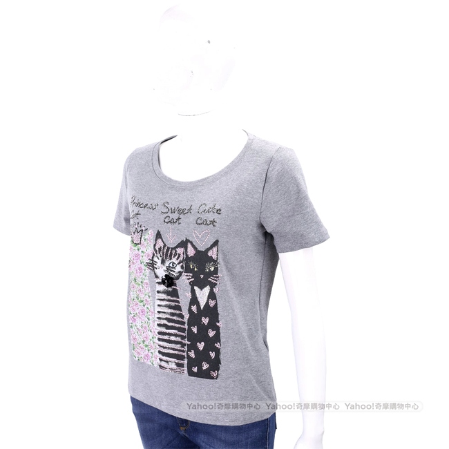 ANNA RACHELE 鑽貼貓咪圖騰灰色棉質T恤
