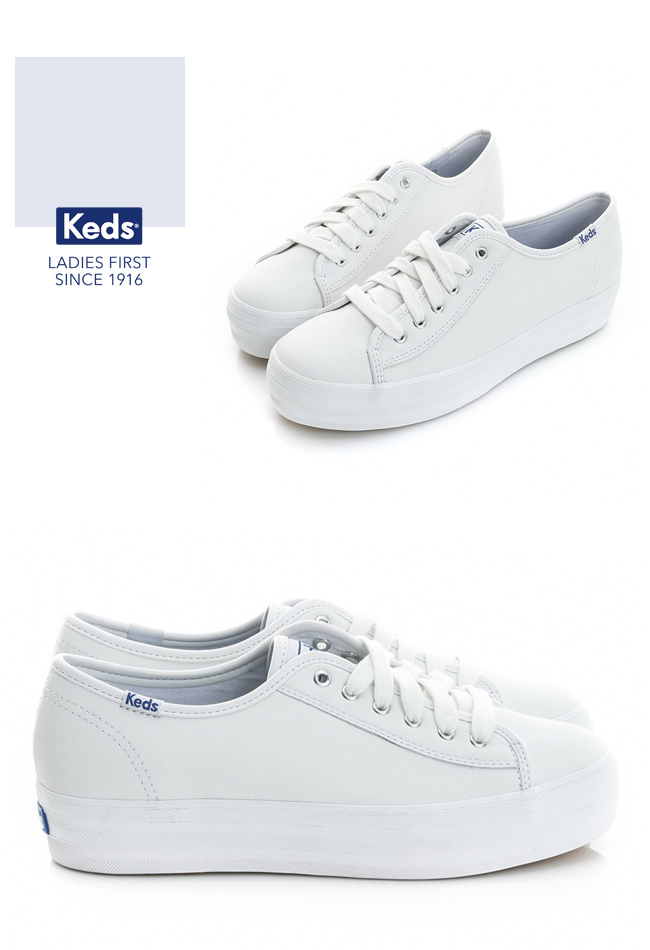 Keds 個性時尚厚底綁帶皮質休閒鞋-白