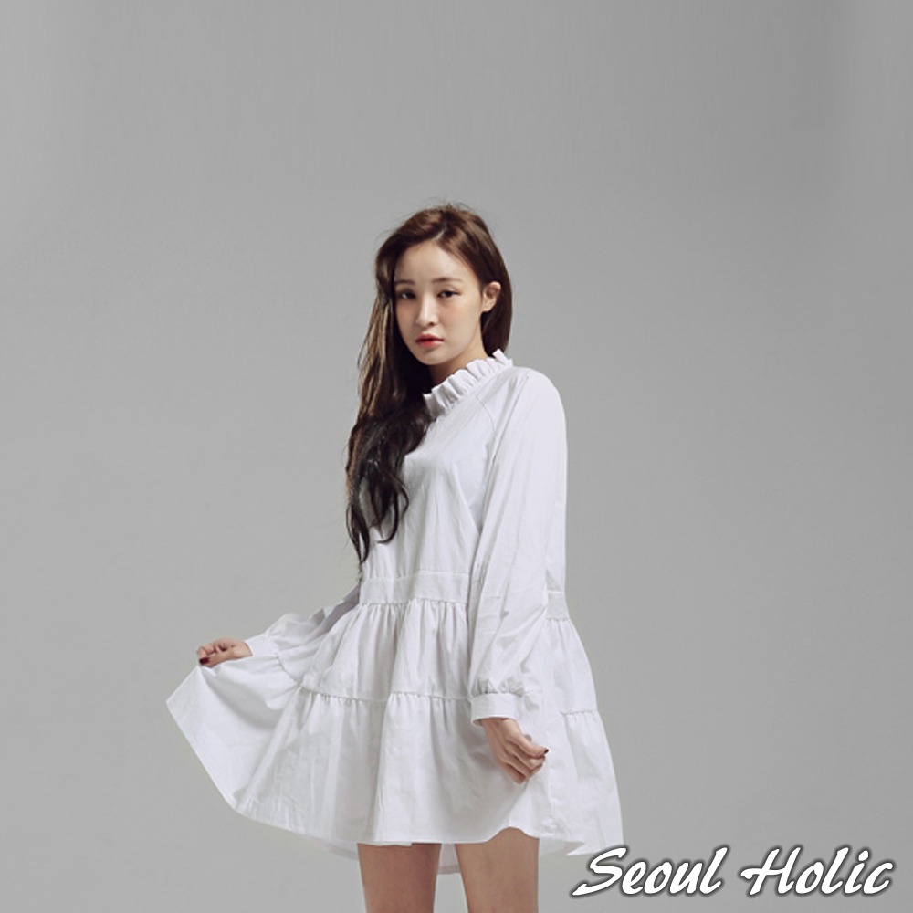 花邊立領歐式蛋糕洋裝 (白色)-Seoul Holic