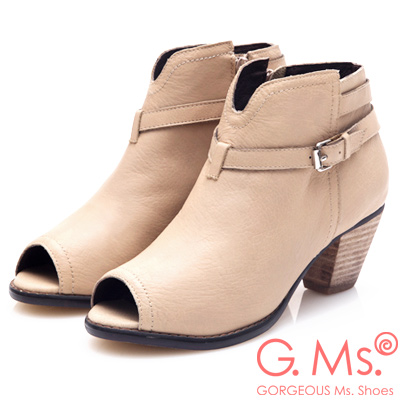 G.Ms. 牛皮魚口皮帶繞踝造型拉鍊粗跟踝靴-杏色