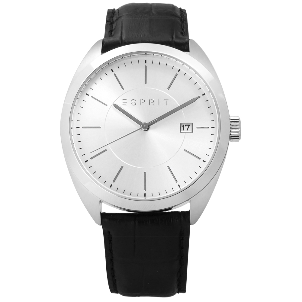 ESPRIT 典藏簡約日期真皮腕錶-銀x黑/42mm