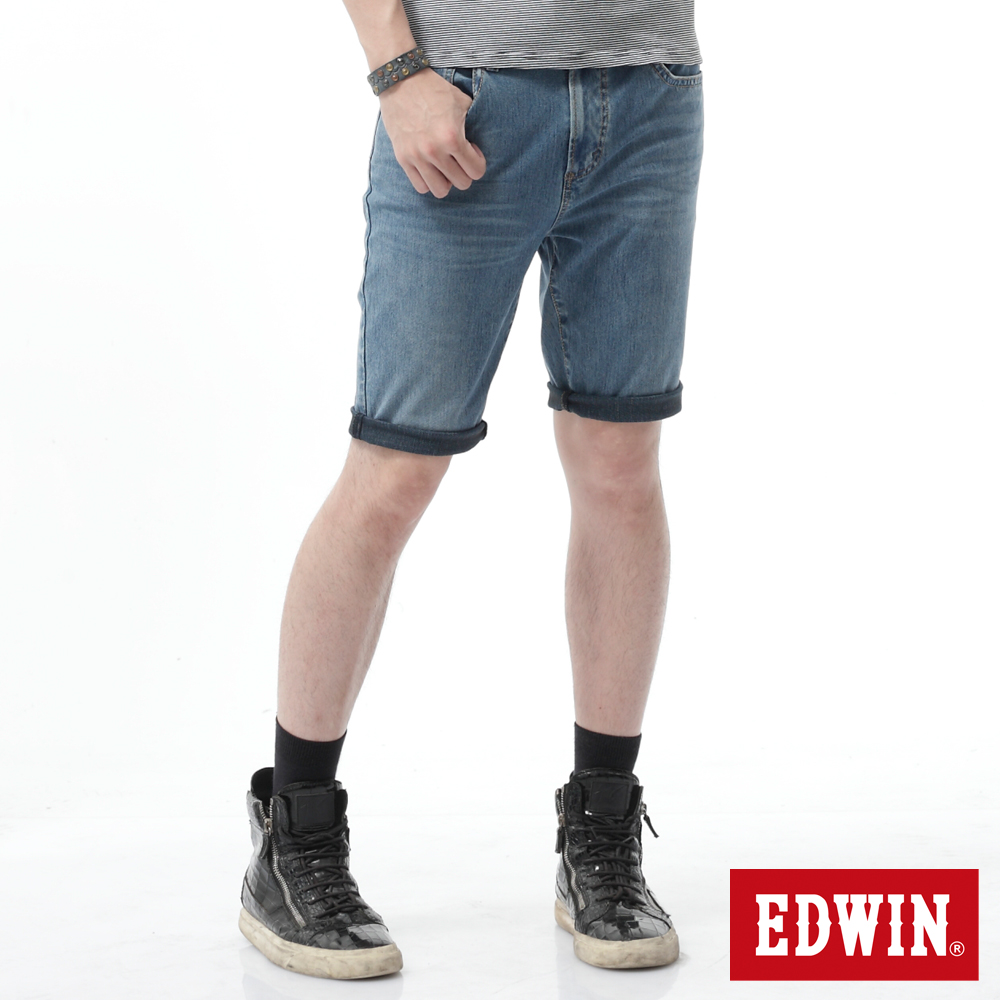 EDWIN 大尺碼 迦績褲黑腰頭牛仔短褲-男-拔洗藍