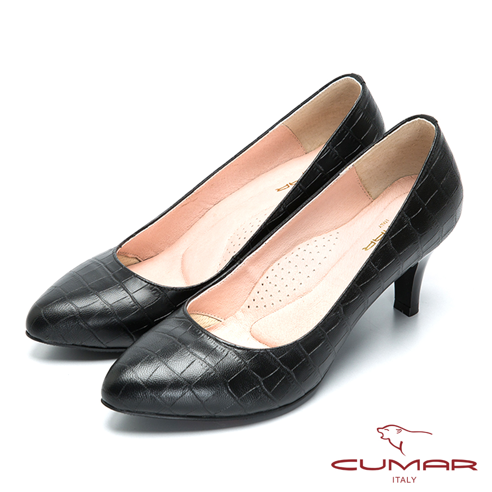 CUMAR都會粉領 時尚壓紋羊皮高跟鞋-黑色