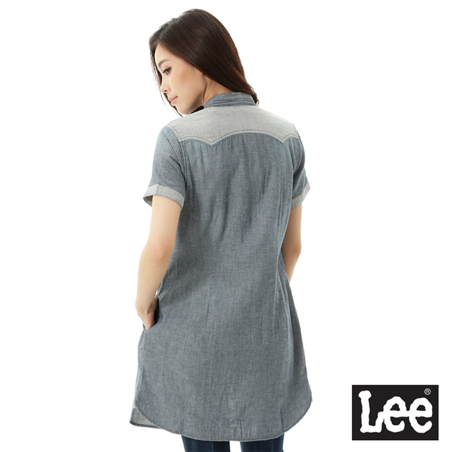 Lee 牛仔短袖長板襯衫/洋裝101+-女-藍