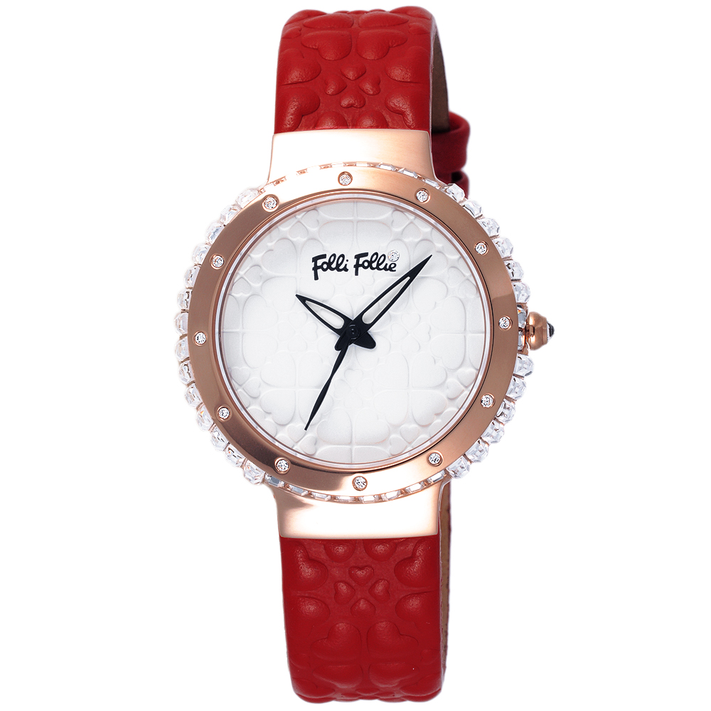 Folli Follie 海洋風情晶鑽時尚腕錶-玫瑰金框白x紅色皮帶/38mm