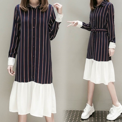 中大尺碼紅藍條紋包釦拼接白色裙擺排釦附腰帶洋裝XL~4L-Ballet Dolly