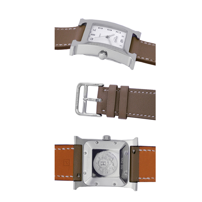 HERMES愛馬仕 H-OUR 中型自動機械腕錶-大象灰錶帶/26mm