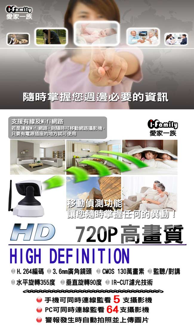 宇晨I-Family HD720P百萬畫素-千里眼無線遠端遙控攝影機