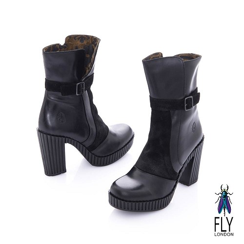 Fly London(女) 奧式優雅 雙料拼接牛皮高跟中筒靴-靚黑
