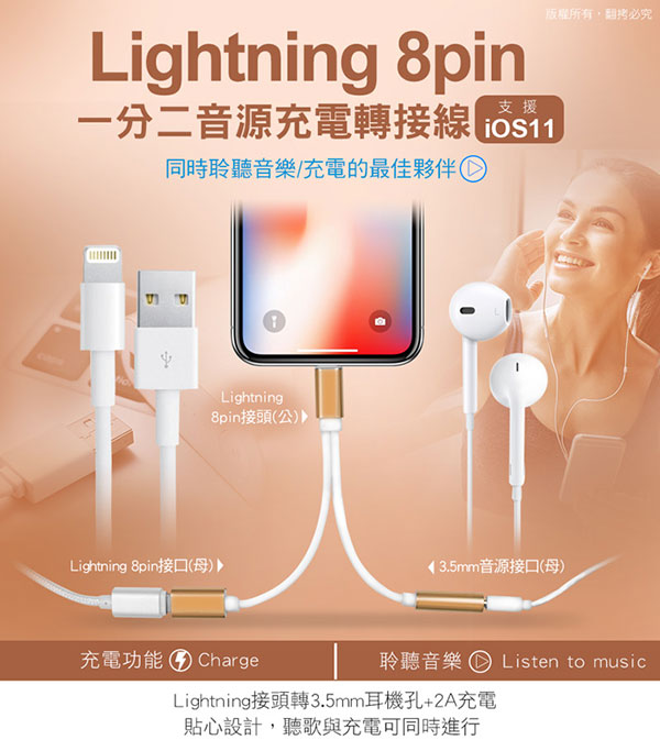 aibo Lightning 8Pin 一分二 音源充電轉接線(3.5mm+8Pin)