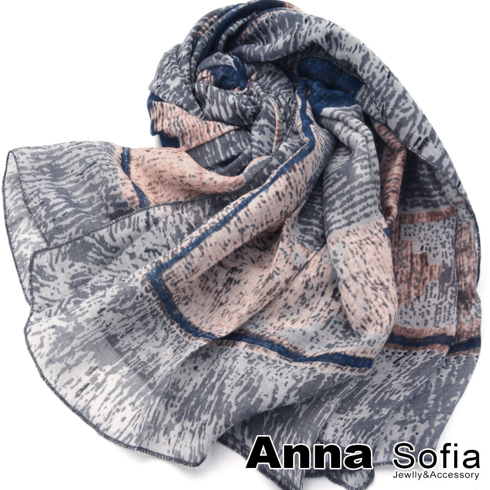 AnnaSofia 方塊層疊皺印 拷克邊韓國棉圍巾披肩(藍灰系)