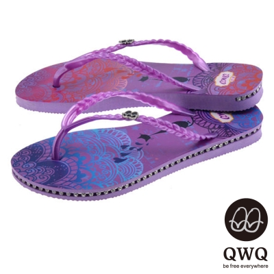 QWQ夾拖的創意(女) - ?咪塗鴨 心心相印 側鑽鍊夾腳拖鞋 - 藍配紫