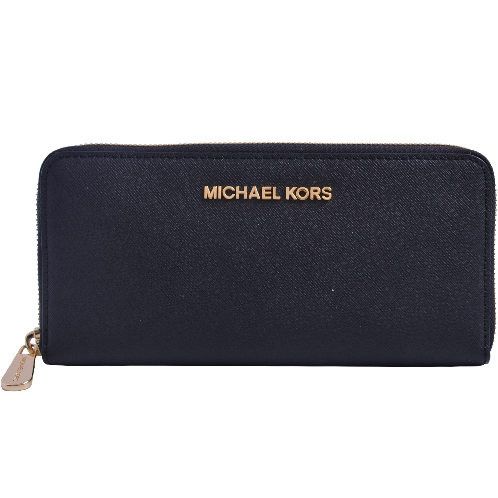 MICHAEL KORS 金LOGO防刮皮革拉鍊長夾-黑