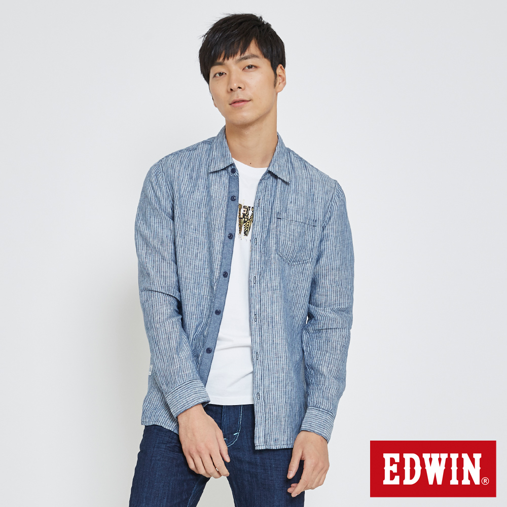 EDWIN 舒適亞麻開襟襯衫-男-藍色