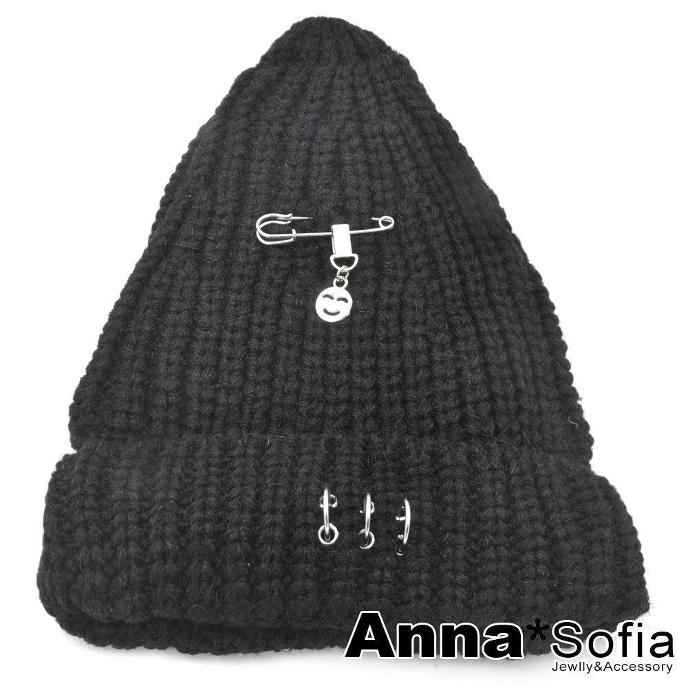 AnnaSofia 笑臉金屬圈 加厚保暖毛線毛帽(黑系)
