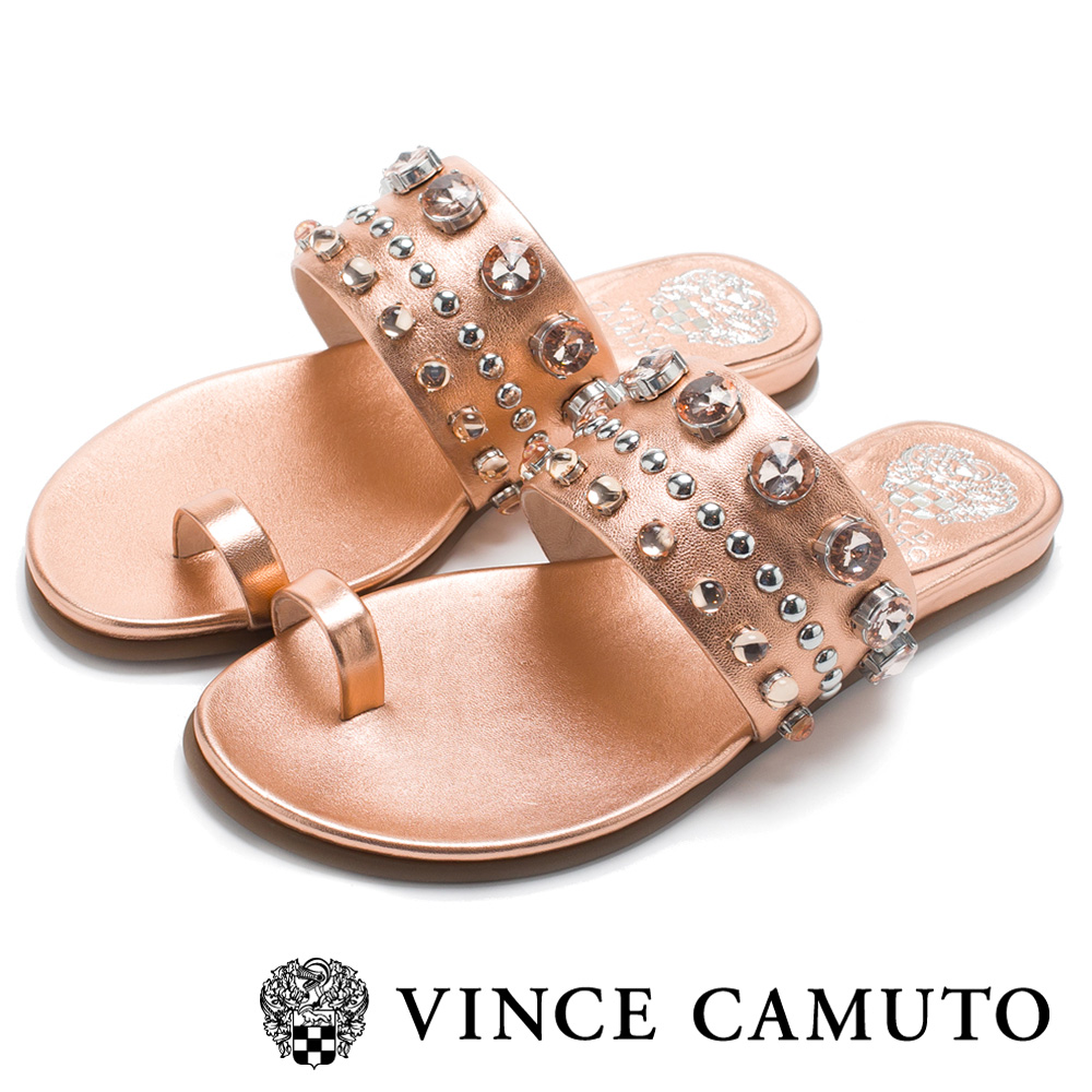 Vince Camuto 小羊皮寬版水鑽平底拖鞋-玫瑰金