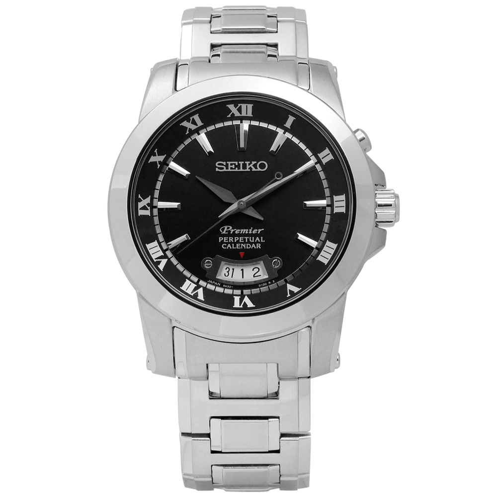 SEIKO Premier典藏品味羅馬萬年曆腕錶(SNQ147J1)-黑/42mm
