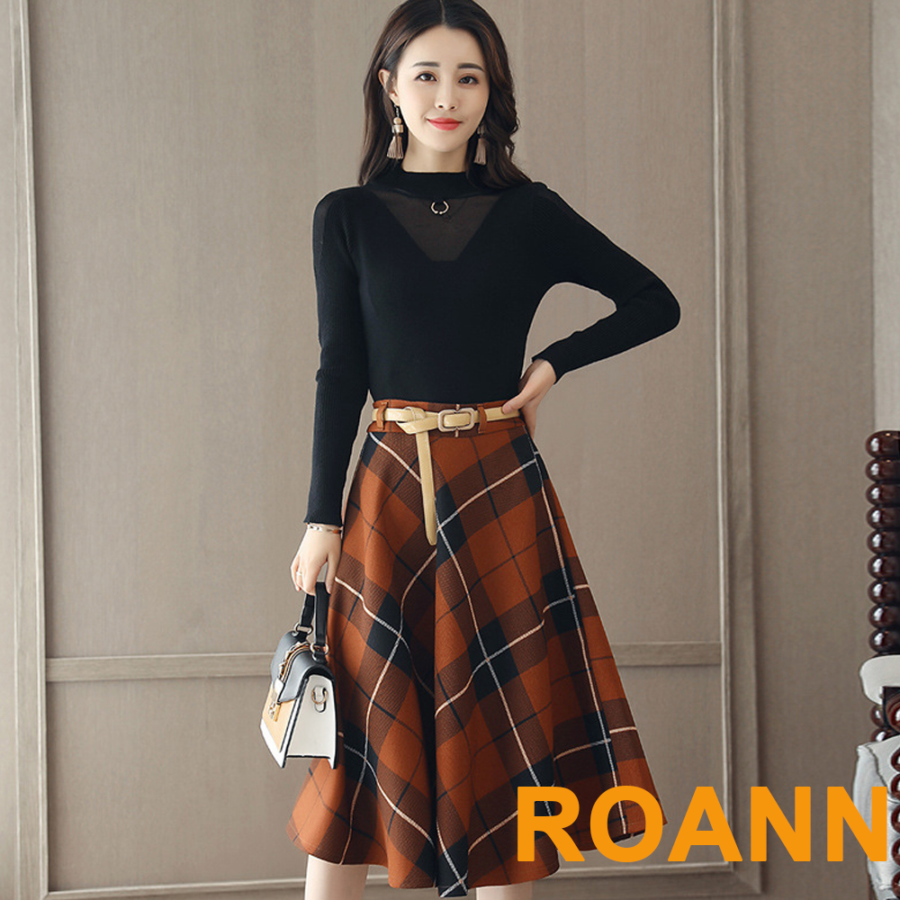 圓領透膚針織毛衣+格紋長裙 兩件套 (黑色)-ROANN